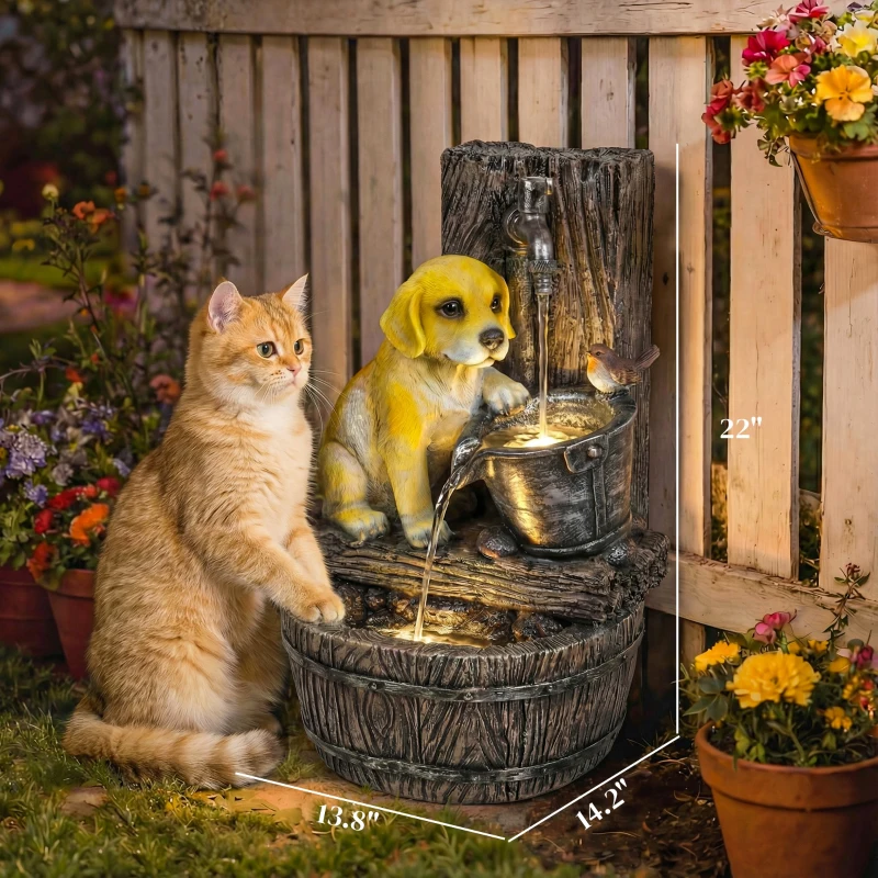 Outsunny 22" Outdoor Fountain with 3-Tier Puppy Theme, Resin Garden Fountain with LED Lights, Adjustable Flow, Rustic Brown