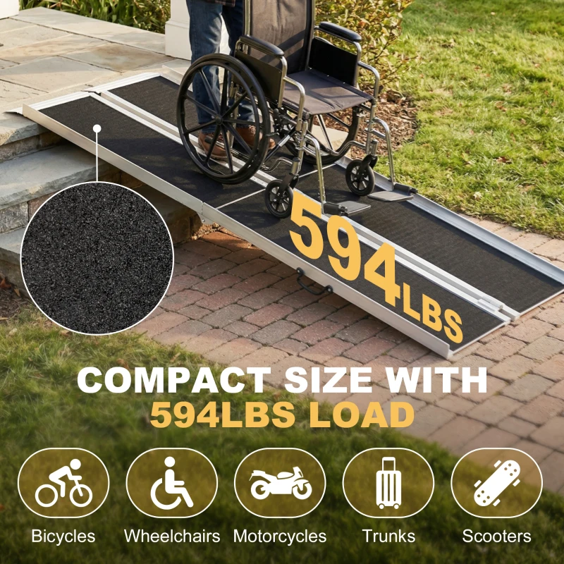 HOMCOM 10' Skidproof Portable Wheelchair Ramp for Home, Steps, Doorways, Carpeted Foldable Handicap Ramp, Threshold Ramp