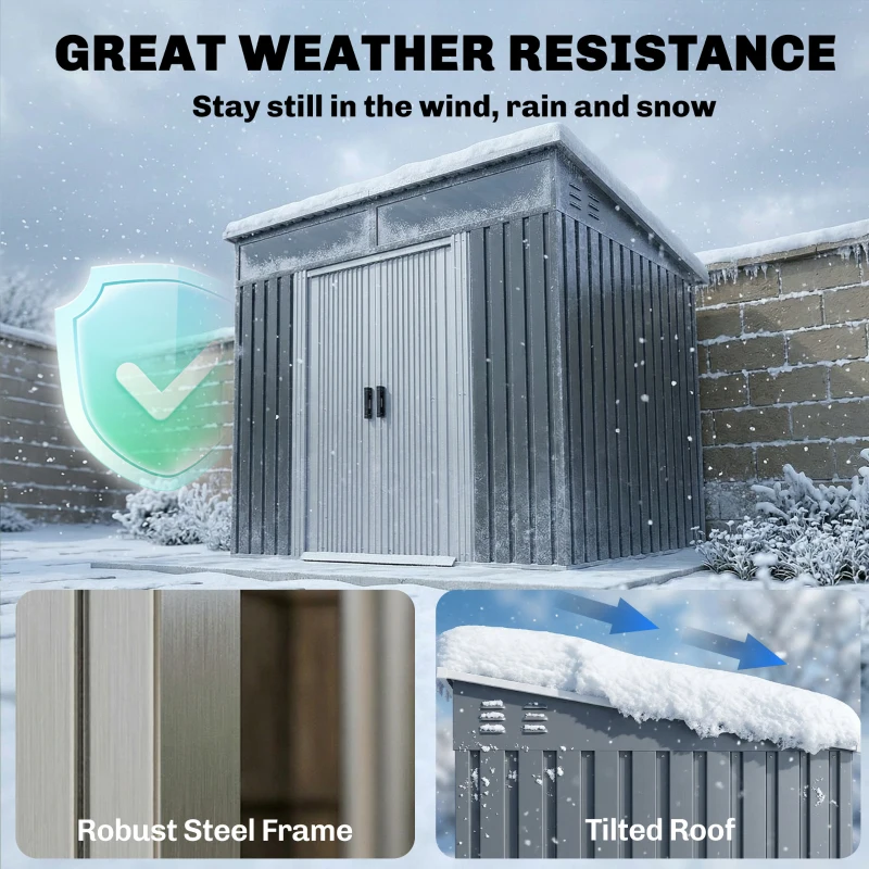 Outsunny 6.5x4FT Galvanised Metal Shed with Foundation Kit, Lockable Garden Tool Storage House with Sliding Doors, Vents, Grey