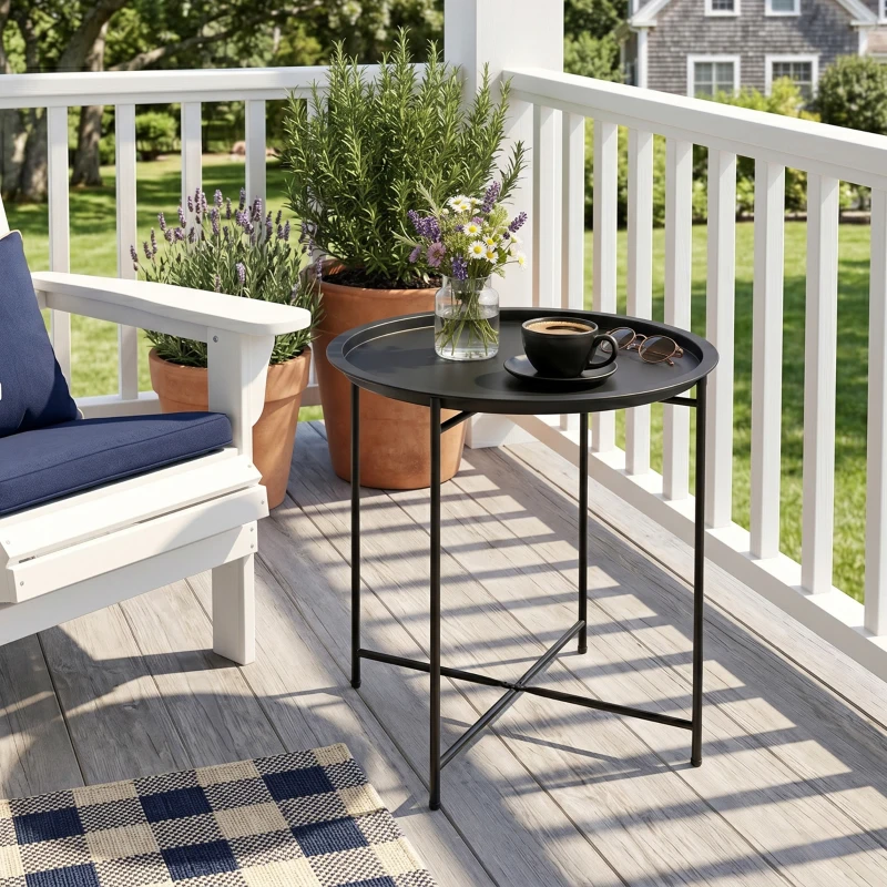 Outsunny 18" Outdoor Side Table with Removable Tray and Folding Legs, Indoor Outdoor for Balcony, Porch, Black