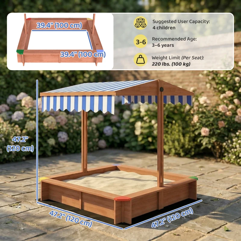 Outsunny Wooden Sandbox with Cover, Kids Sandbox Outdoor with Adjustable Canopy and Seats for Backyard, Beach, Dark Brown