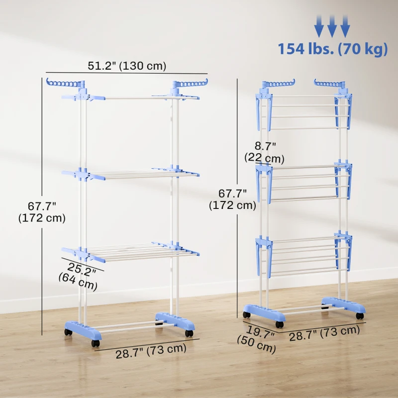 HOMCOM Foldable Clothes Drying Rack, 4-Tier Steel Laundry Rack for Drying Clothes with 2 Side Wings and 4 Castors, Indoor and Outdoor Use, Blue