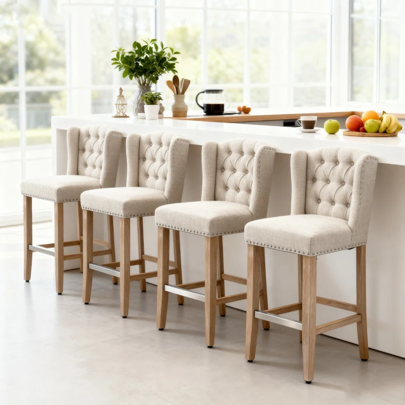 HOMCOM Counter Height Bar Stools Set of 2, Upholstered Bar Chairs with Nailhead Backrest and Footrest, Modern Barstools for Kitchen, Dining Room, Beige