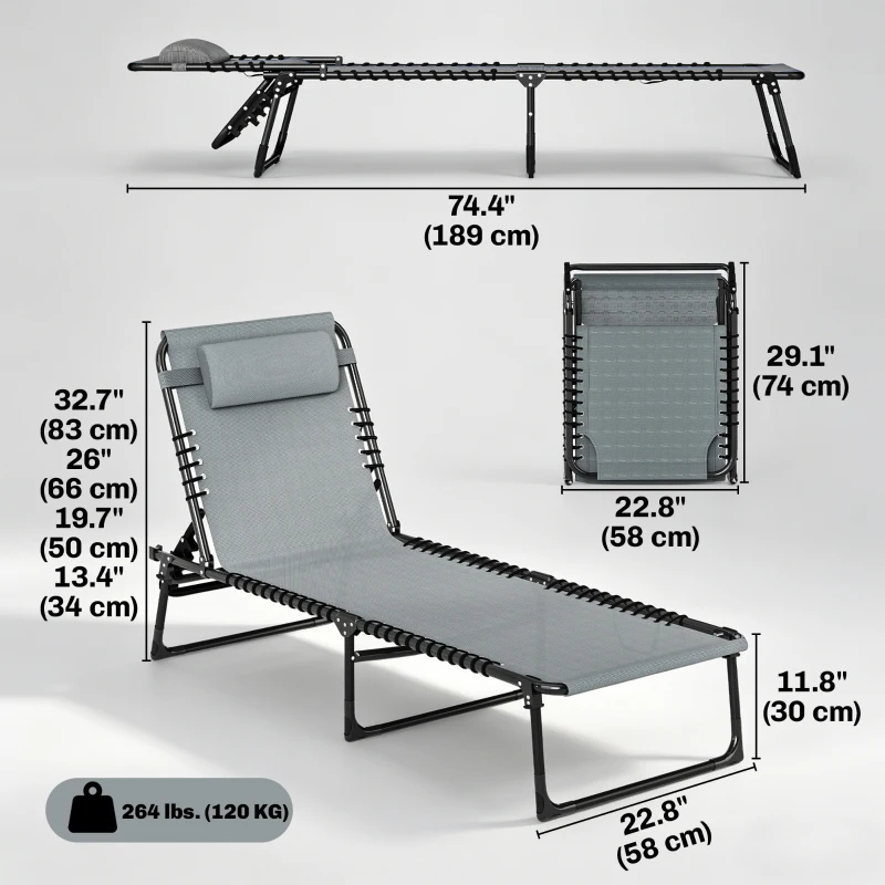 Outsunny Folding Lounge Chair, Adjustable Chaise Lounge with Headrest, Reclining Lounger Cot for Camping, Hiking, Light Grey