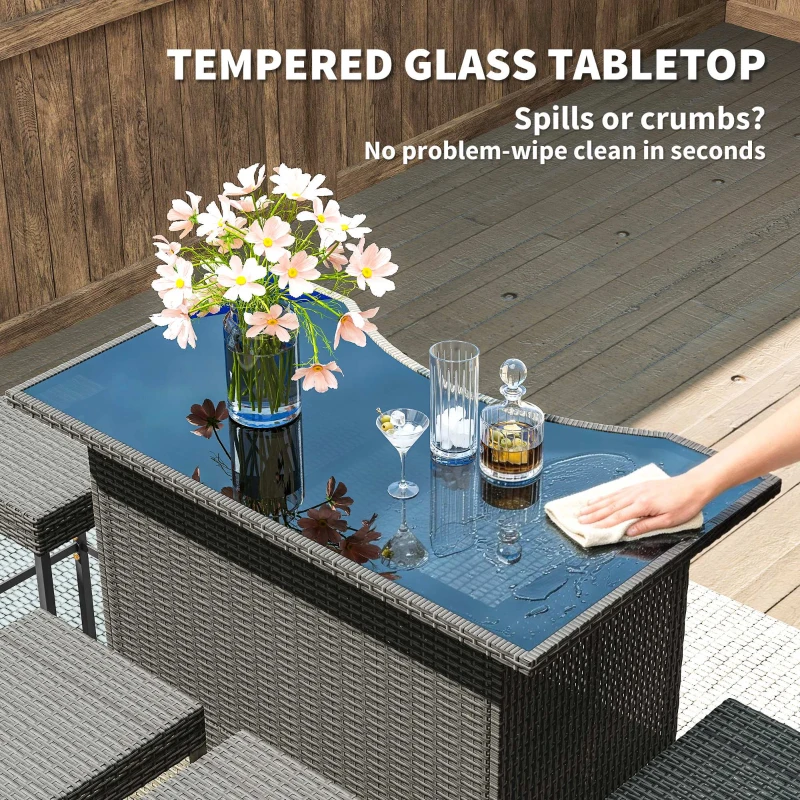 Outsunny 5 Piece Rattan Wicker Bar Set, High Top Outdoor Table and Chairs, Bar Height Patio Set, 2 Shelves & 4 Bar Stools, Gray