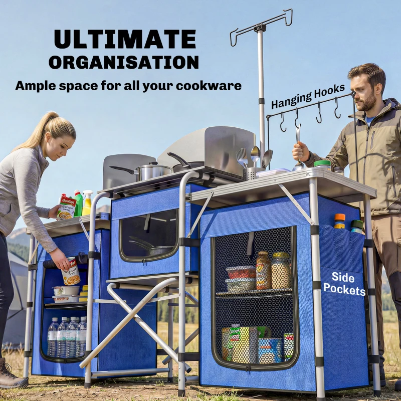 Outsunny Aluminum Camping Kitchen, Portable Folding Camping Table with Fabric Cupboards, Windshield, Bag for BBQ, Picnic, Blue