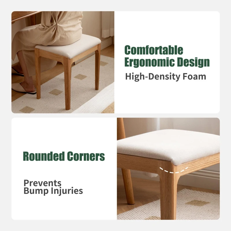 Solid Stool with Stain-Resistant Fabric & High-Density Foam, Space-Saving Bench for Vanity or Bedroom, 16.5″ L x 12″ W x 16.5″ H, Natural