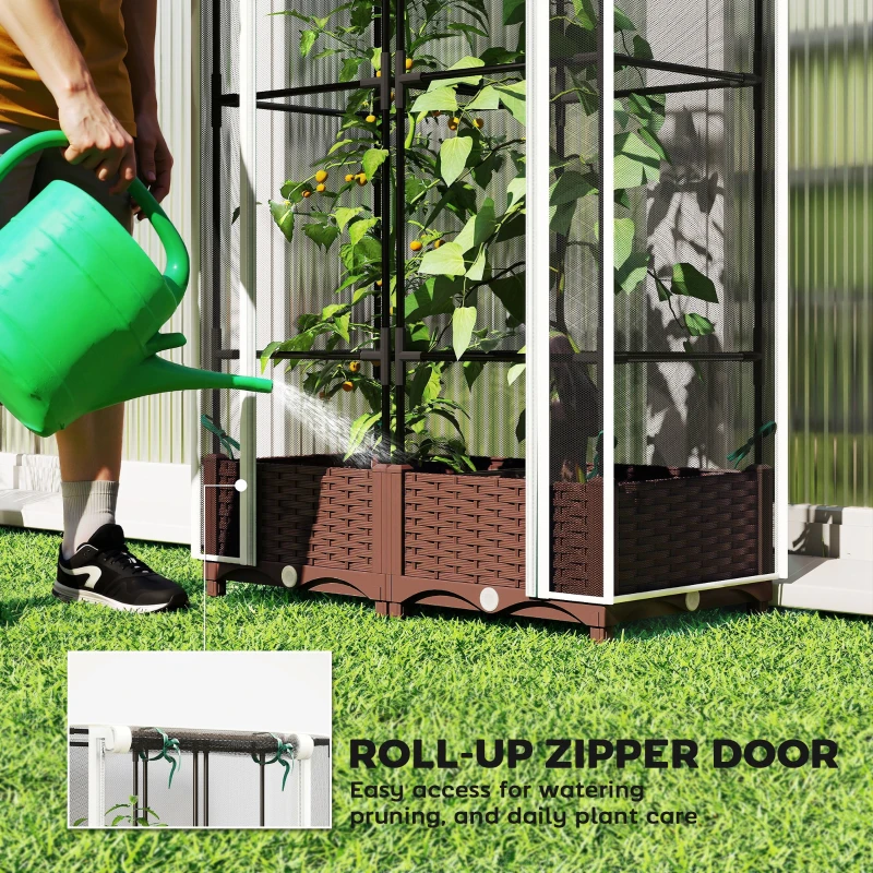 Outsunny Raised Garden Bed with Trellis, 46.5" Tomato Cage with Crop Cage, Self Watering Planter Box with Drainage Holes, White
