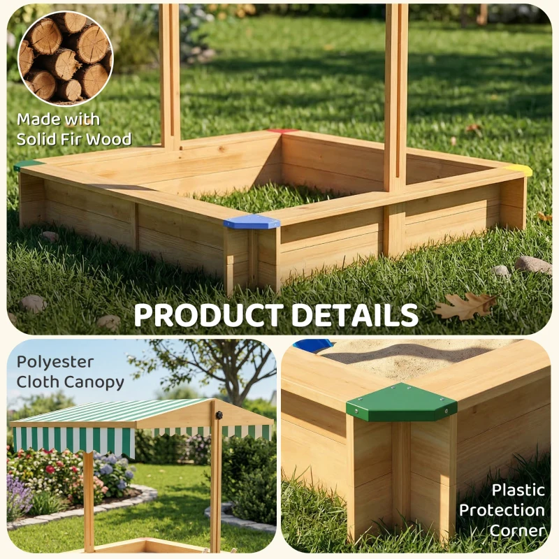 Outsunny Wooden Sandbox with Cover, Kids Sandbox Outdoor with Adjustable Canopy and Seats for Backyard, Beach, Light Brown