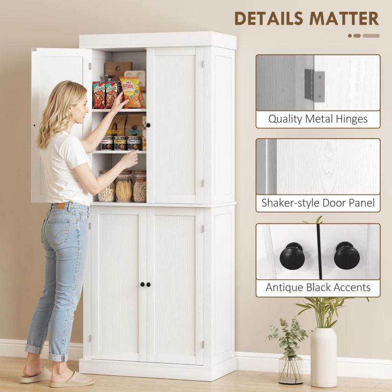 HOMCOM 72" Kitchen Cabinet, Pantry Storage Cabinet with Doors and Shelves, Freestanding Food Pantry Cabinet, White Wood Grain
