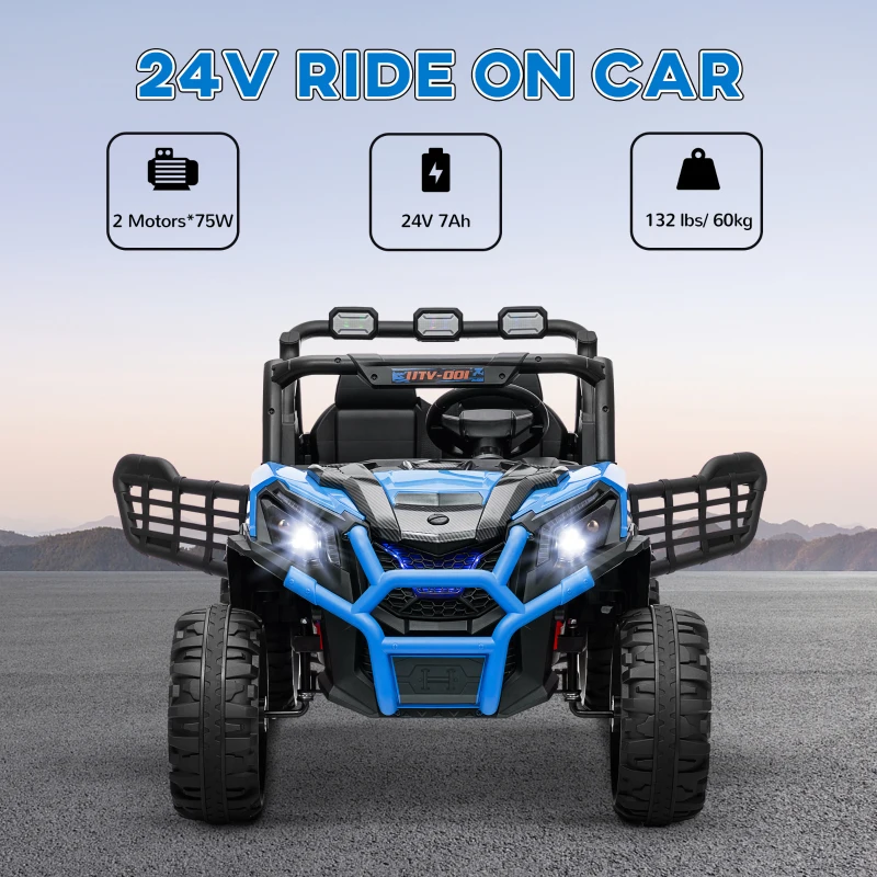 Qaba 2 Seater 24V Kids Electric Car w/ Remote Control, 3 Speed, LED Lights, Music, Horn, Spring Suspension, Slow Start, Blue