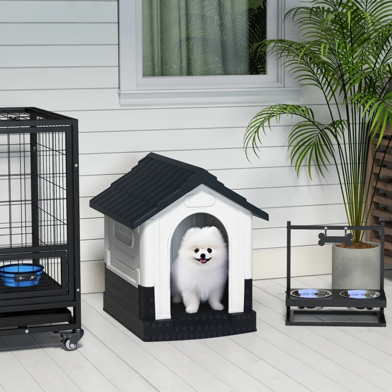 PawHut Outside Dog Kennel House with Windows, Base Support, for Garden Patio, Miniature Dogs, 64.5 x 57 x 66cm, Dark Grey