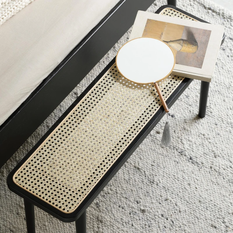 Modern Solid Oak Wood Bench with Handwoven Rattan Seat, Versatile Dining Stool with Sturdy Rounded Legs, 39.5″ L x 11″ W x 17″ H, Black