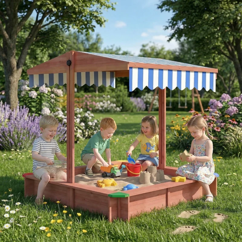 Outsunny Wooden Sandbox with Cover, Kids Sandbox Outdoor with Adjustable Canopy and Seats for Backyard, Beach, Dark Brown
