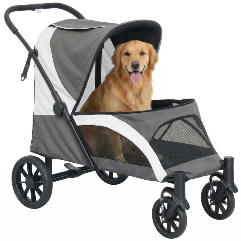 PawHut Foldable Pet Stroller for Large Dogs with Four Big Wheels, Shock-Absorbing Frame, Safety Leashes, Brakes, Dark Grey