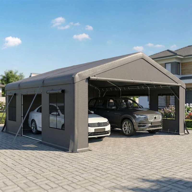 Outsunny 20' x 20' Heavy Duty Carport, Portable Garage Car Canopy Tent Shelter with 3 Roll-up Doors, 4 Windows, Dark Gray