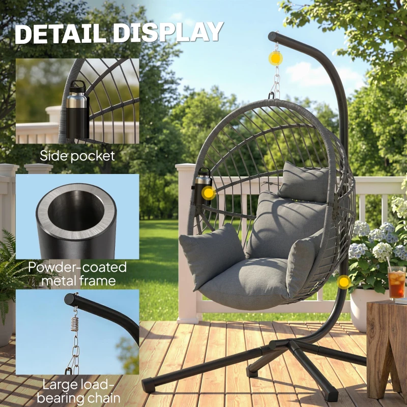 Outsunny Metal Stand Hanging Egg Chair, with Full Body Padded Seat - Grey