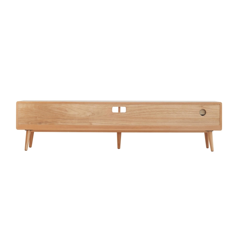 Modern TV Cabinet with High-Quality Glass Doors, Sturdy TV Stand with 2 Pull-Out Drawers, 71″ L x 12.5″ W x 16.5″ H, Natural Wood