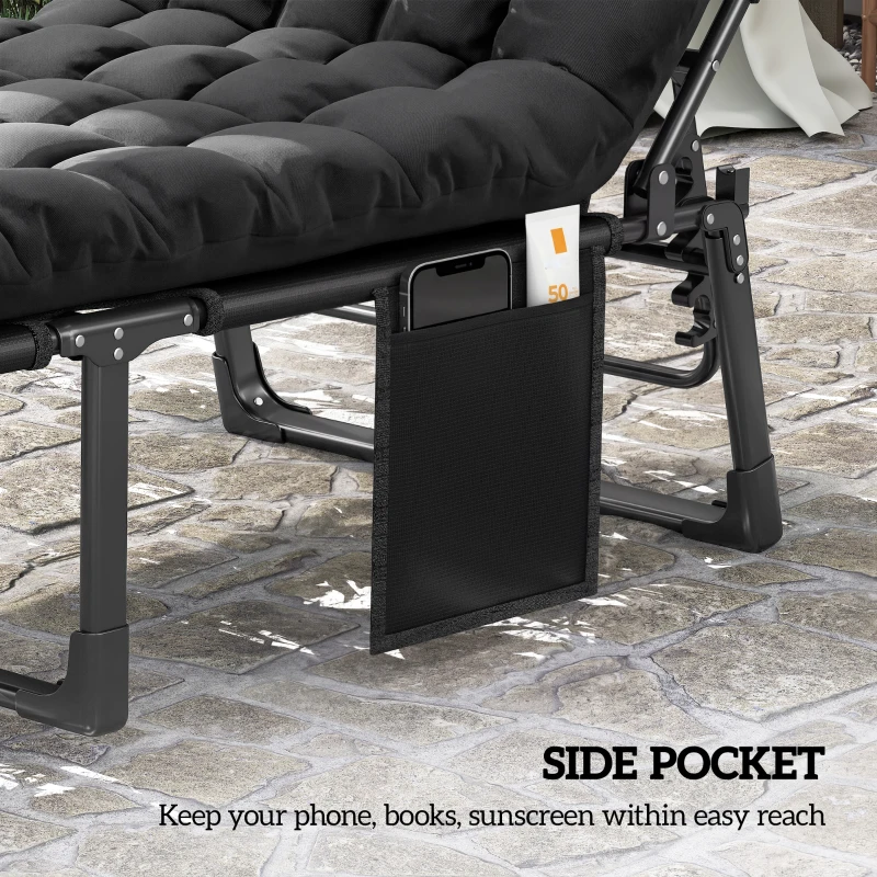 Outsunny Folding Chaise Lounge Chair Outdoor Tanning Chair with 5-Position Backrest, Cushion, Side Pocket, Black