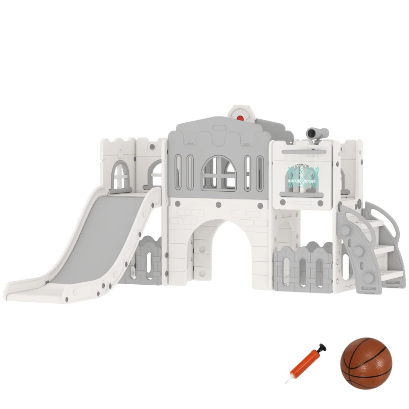 Qaba 9 in 1 Toddler Slide with Basketball Hoop, Climber, Telescope, Tunnel, Steering Wheel, for 1-3 Years, Grey