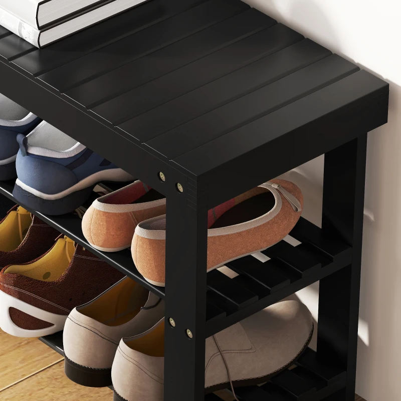 HOMCOM Bamboo Shoe Storage Bench, 3-Tier Entryway Bench with 2 Storage Shelves for Hallway, Holds 6 Pairs, Black