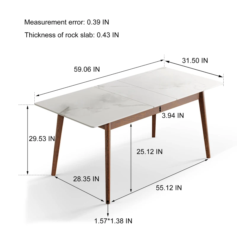 Extendable Dining Table with Stone Slab Tabletop, Sturdy Kitchen Table with Rounded Corners, 59″ L x 31.5″ W x 29.5″ H, White+Walnut