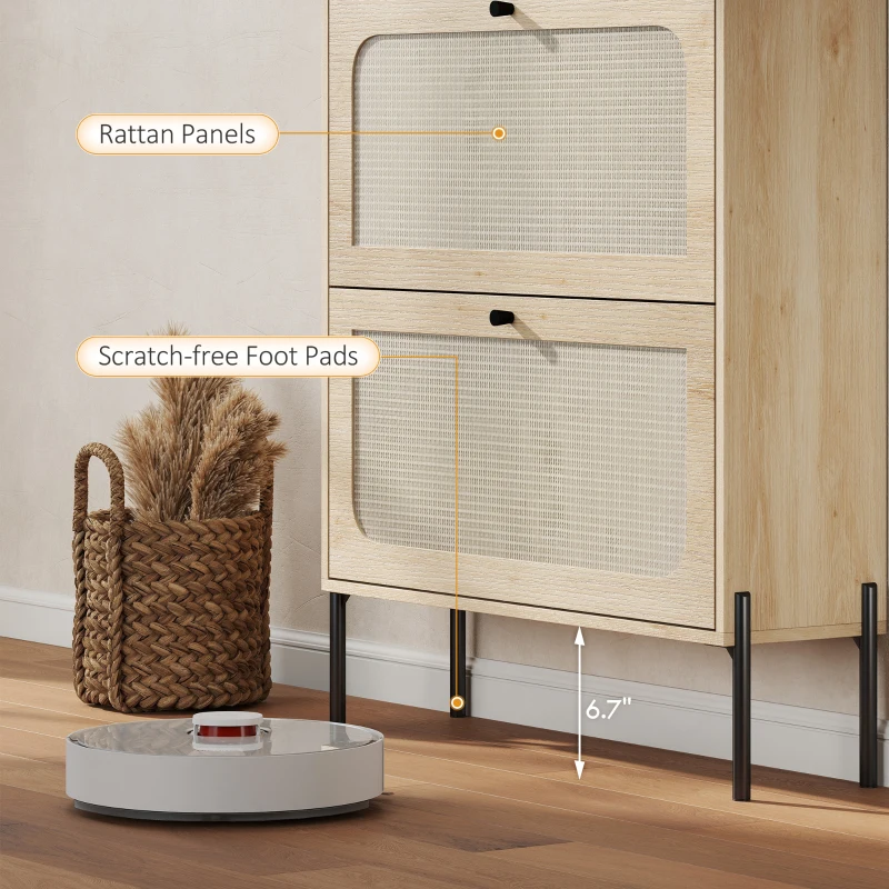 HOMCOM Shoe Cabinet with 2 Flip Drawers, Boho Narrow Shoe Storage Cabinet, Oak