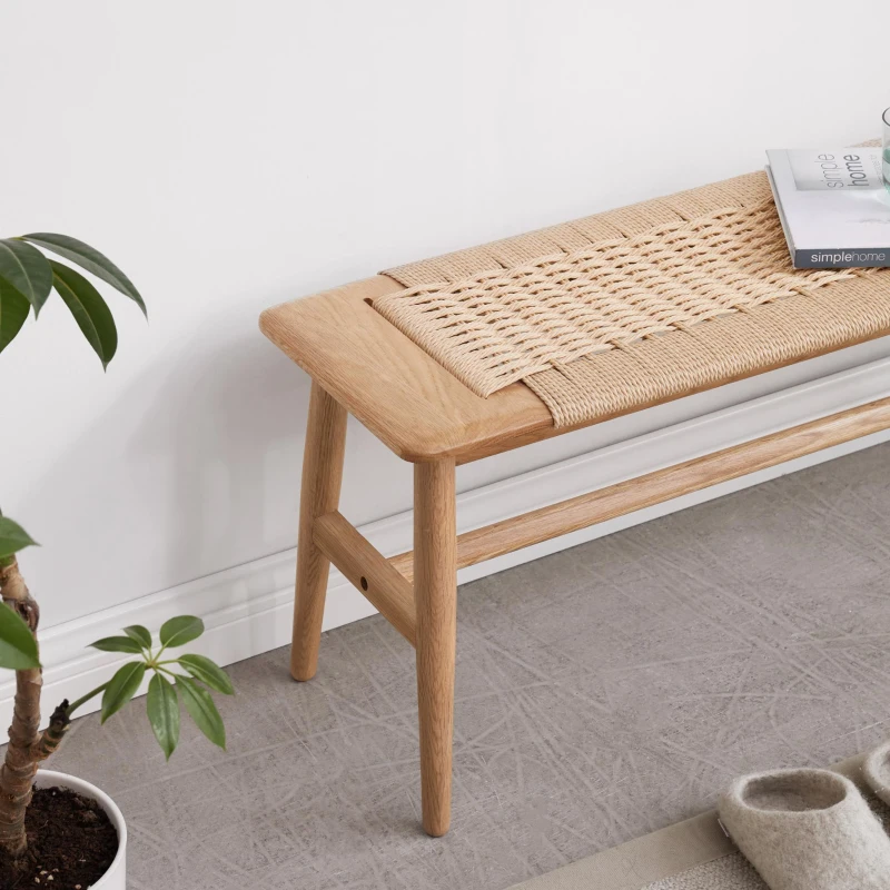 Solid Dining Bench with Handwoven Breathable Seat, Durable Wood Bench for Entryway or Dining, 43.5″ L x 12″ W x 16″ H, Oak