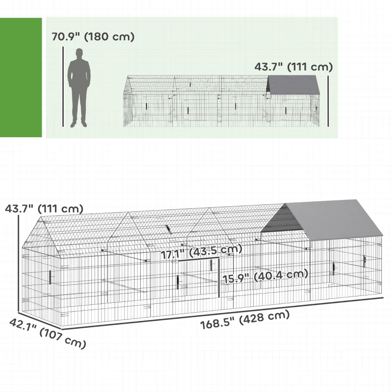 PawHut Metal Chicken Coop, Large Chicken Run with Water-Resistant & Anti-UV Cover for 4-6 Hens, Outdoor Hen House with 6 Doors