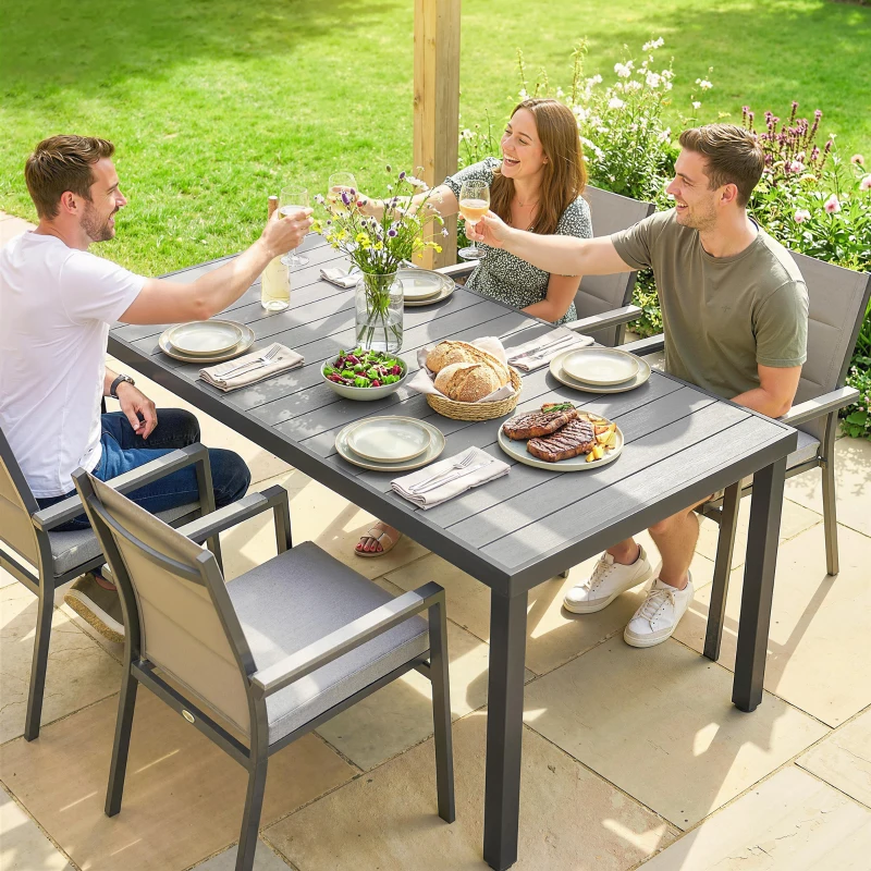 Outsunny Rectangular Patio Table for 6, Outdoor Dining Table with Wood-Plastic Composite Top and Steel Frame for Garden, Grey