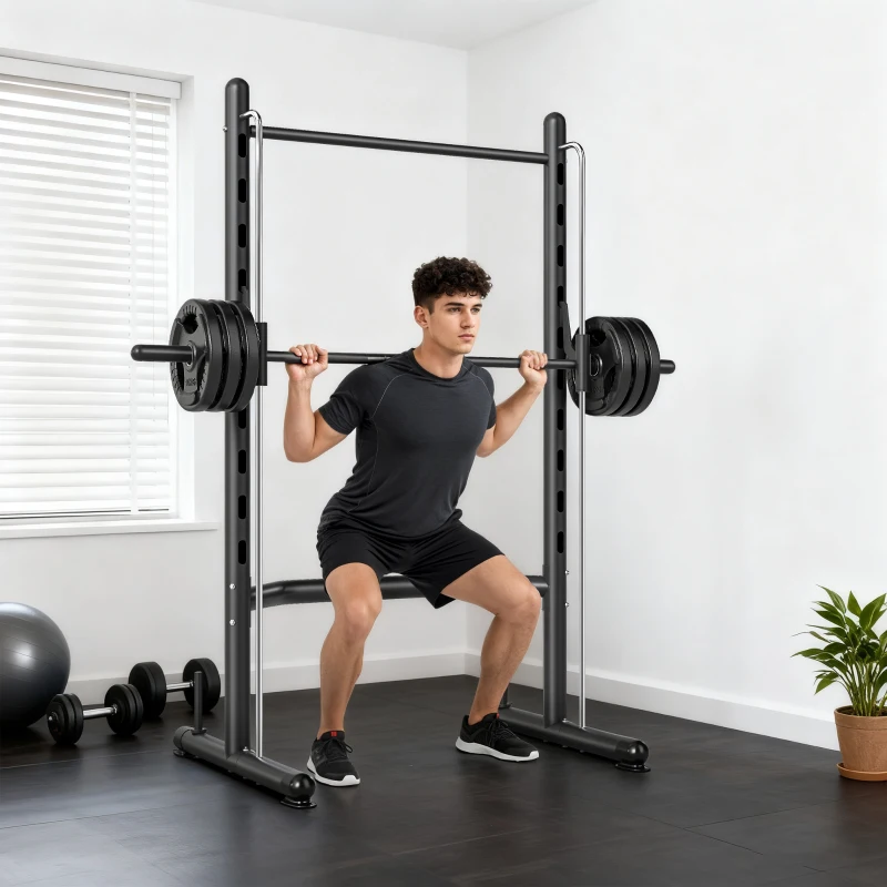 Soozier Squat Rack with Pull Up Bar and Barbell Bar Adjustable Bench Press Multi-Function Weight Lifting Half Rack Black