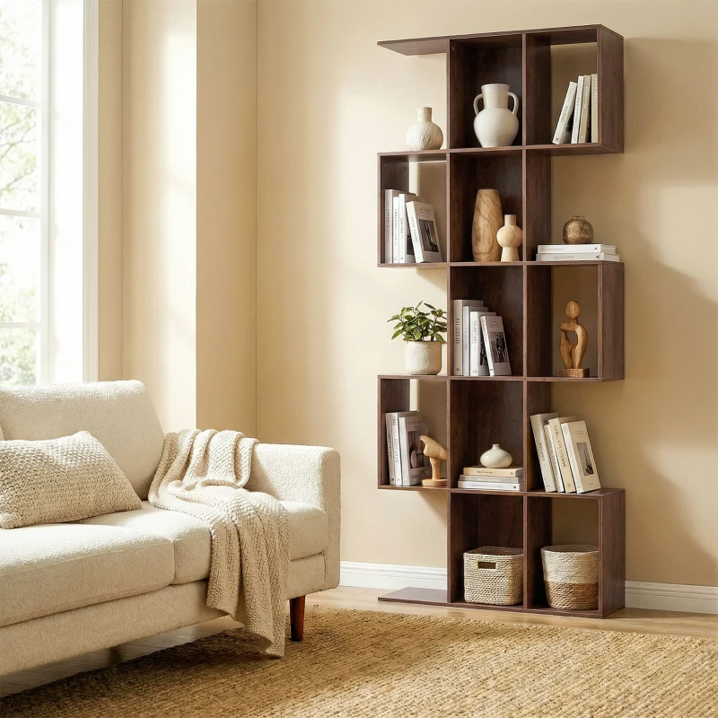HOMCOM 5-Tier Bookshelf, S Shaped Geometric Bookcase with 15 Compartments, Brown Wood Grain