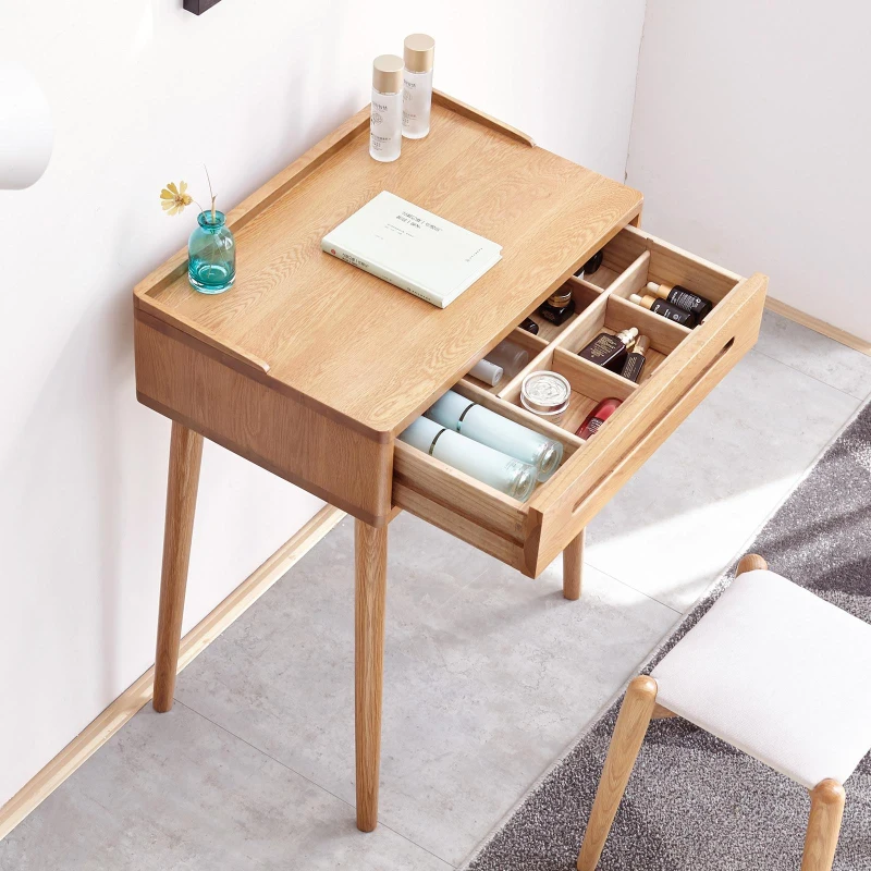 Compact Makeup Vanity Table with Storage Drawer, Assembled Nightstand with Desktop for Bedroom, 23.5″ L x 15.5″ W x 30.5″ H, Oak