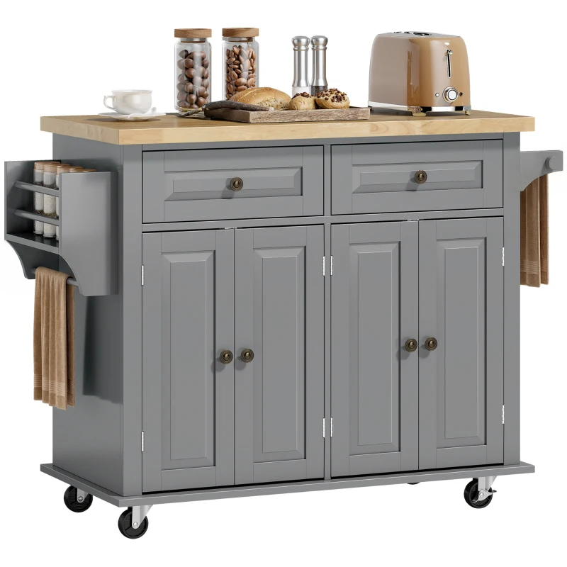 HOMCOM 44" Mobile Kitchen Island Table, Kitchen Island Cart on Wheels with Storage Cabinets, 2 Drawers, Gray