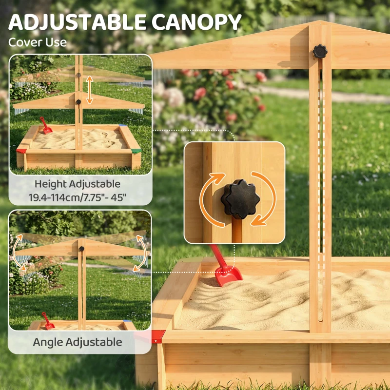Outsunny Wooden Sandbox with Cover, Kids Sandbox Outdoor with Adjustable Canopy and Seats for Backyard, Beach, Light Brown