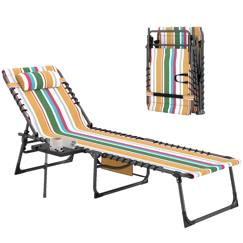 Outsunny Folding Outdoor Chaise Lounge Chair Tanning Chair with 5-Level Adjustable Back, Side Table, Pillow, Pocket, Mixed Color