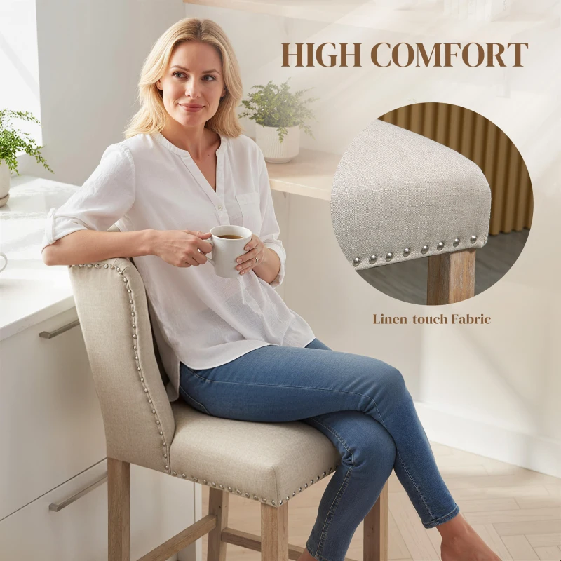 HOMCOM Counter Height Bar Stools Set of 2, Upholstered Bar Chairs with Nailhead Backrest and Footrest, Modern Barstools for Kitchen, Dining Room, Beige