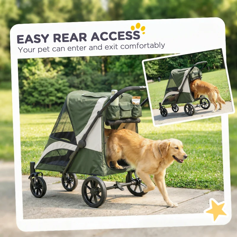 PawHut Foldable Pet Stroller for Large Dogs with Four Big Wheels, Shock-Absorbing Frame, Safety Leashes, Brakes, Dark Green