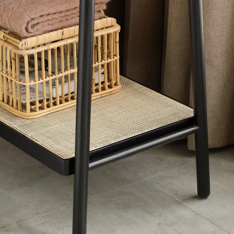 Solid Oak Clothes Rack with Handcrafted Rattan Hangers, Standing Garment Rack for Clothes, Bags & Shoes, 27.5″ L x 18″ W x 65″ H, Black