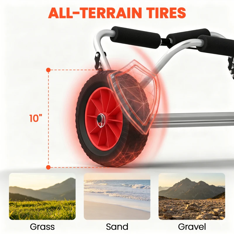 Soozier 198LBS Kayak Cart, Foldable Canoe Trolley Cart, Kayak Trailer with Tie-Down Strap, 10'' No-Flat Wheels and Aluminum Frame, Silver