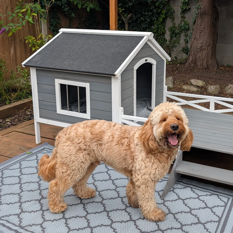 PawHut Small/Medium Dog House with Porch, Gray