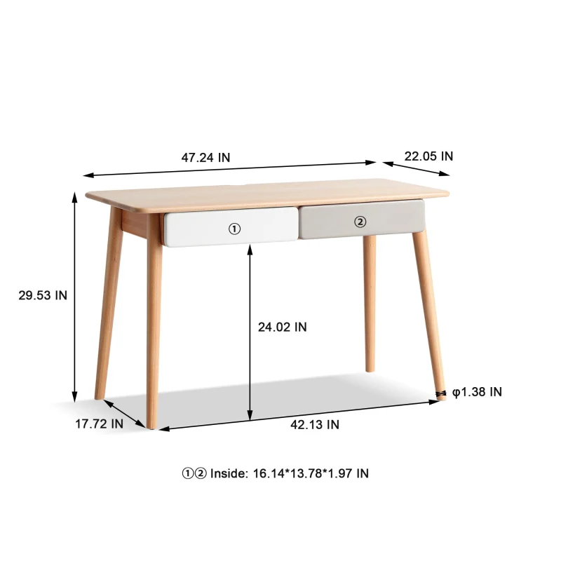Modern Computer Desk with Gap Design and Rounded Corners, Durable Work Desk with 2 Drawers, 47″ L x 22″ W x 29.5″ H, Natural