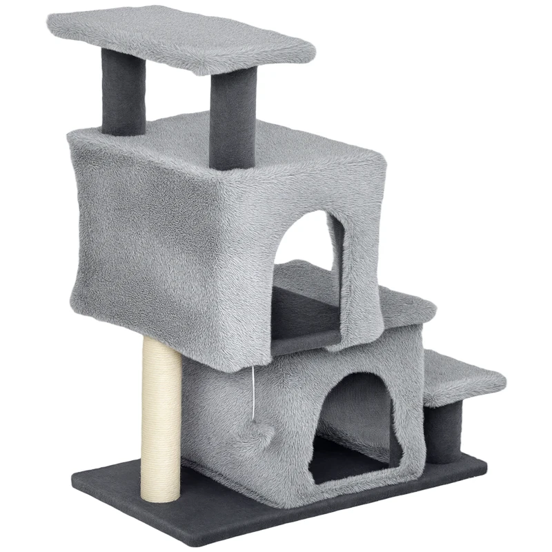 PawHut 4-Step Pet Stairs, Adjustable Height Cat Stairs with Scratching Posts Cat Condo, Hanging Ball for High Bed, Grey