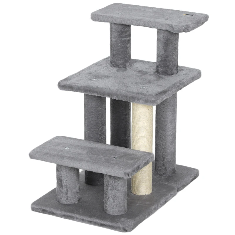 PawHut Cat Stairs with Sisal Scratching Post for High Bed Couch, Adjustable 3-Tier Pet Stairs, Grey