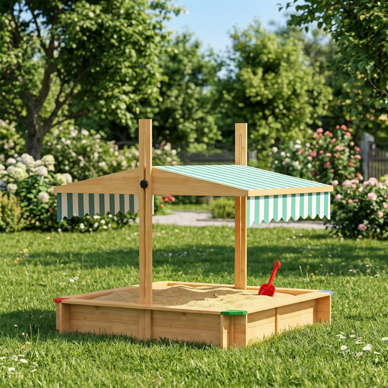 Outsunny Wooden Sandbox with Cover, Kids Sandbox Outdoor with Adjustable Canopy and Seats for Backyard, Beach, Light Brown