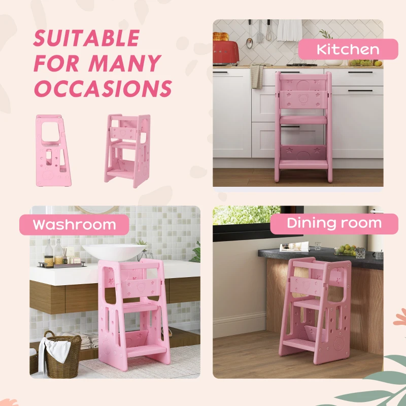 Qaba Toddler Tower with Adjustable Height, Anti-slip Mat, Toddler Step Stool, Pink