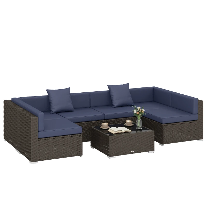 Outsunny 7pc Garden Wicker Sectional Set w/ Tea Table Patio Rattan Lounge Sofa Outdoor Deck Furniture Navy Blue