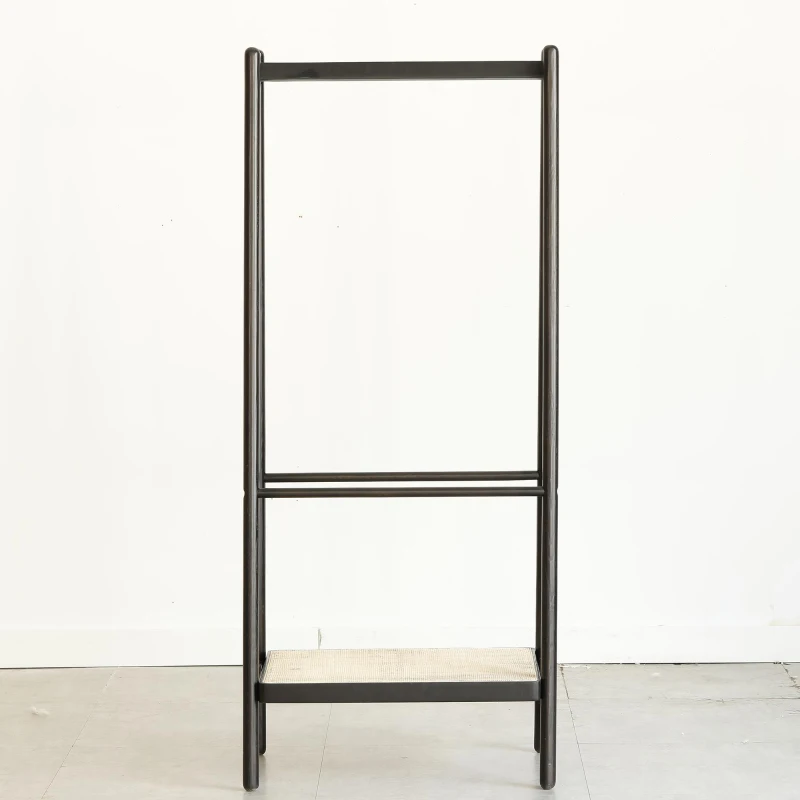 Solid Oak Clothes Rack with Handcrafted Rattan Hangers, Standing Garment Rack for Clothes, Bags & Shoes, 27.5″ L x 18″ W x 65″ H, Black