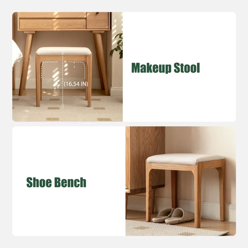 Solid Stool with Stain-Resistant Fabric & High-Density Foam, Space-Saving Bench for Vanity or Bedroom, 16.5″ L x 12″ W x 16.5″ H, Natural