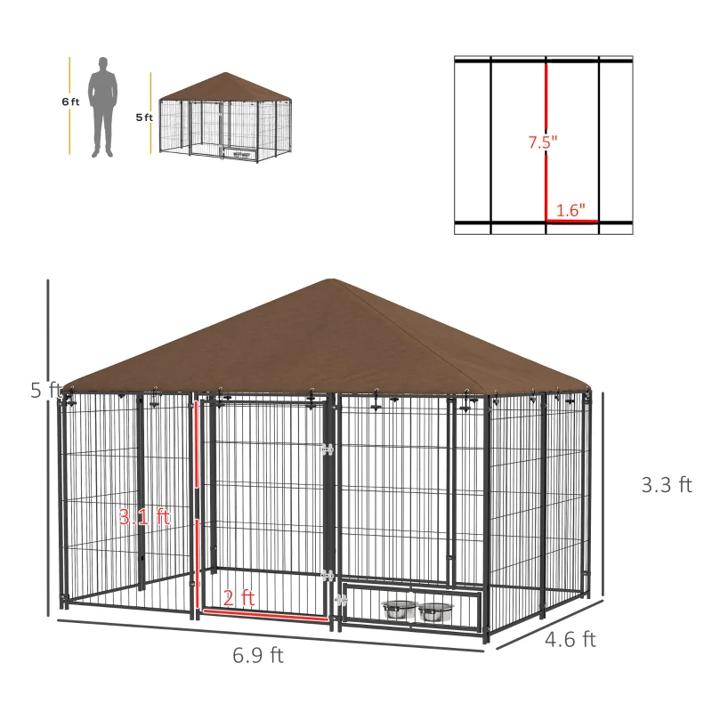 PawHut Outside Dog Kennel, 6.9' x 4.6' x 5' Puppy Play Pen with Canopy, Garden Playpen Fence Crate with Rotating Bowl, Black